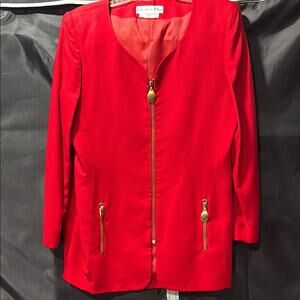 Christian Dior Suit Set Skirt Blazer Jacket 2 Piece 100% Wool Red Gold Size 10
